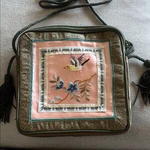 Embroidered Floral Crossbody Bag - Green and Pink